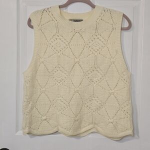 Callie Mac Cream Crochet Diamond Knit Tank Top Scalloped Hem Large